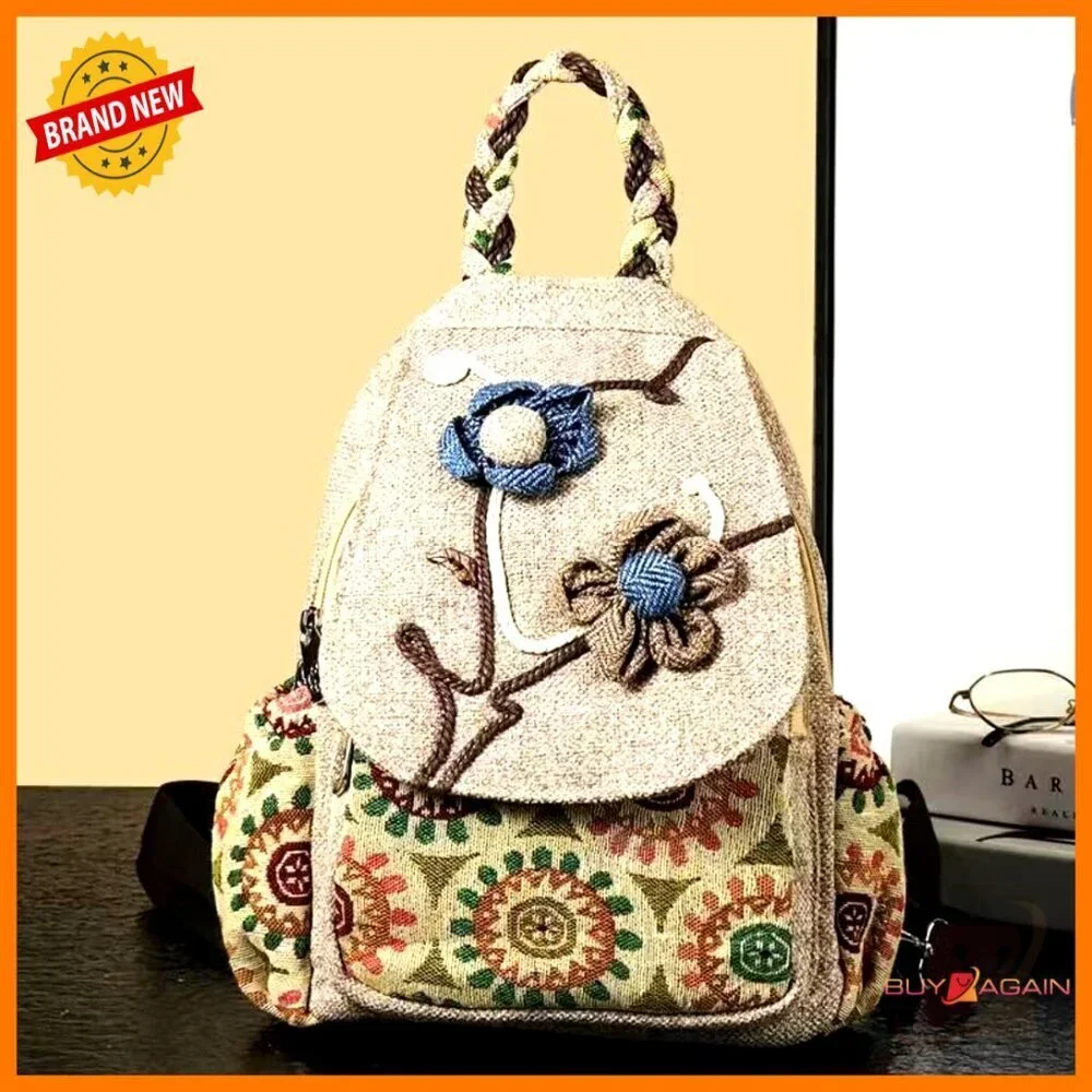 Small Adjustable Boho Backpack Purse, Cotton Hemp Blend, 9 Pockets, Versatile